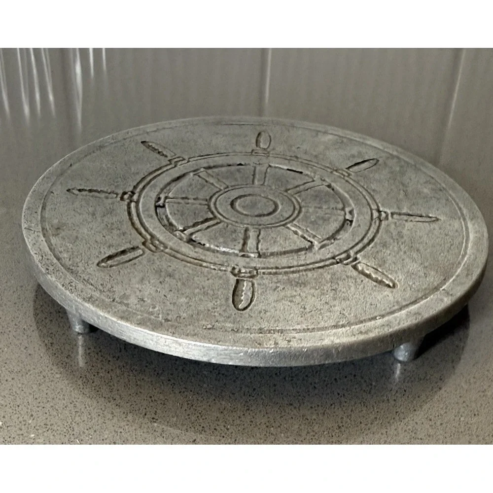Vintage Colonial York Pewtarex Aluminum Trivet Ships Wheel Nautical Helm MCM USA